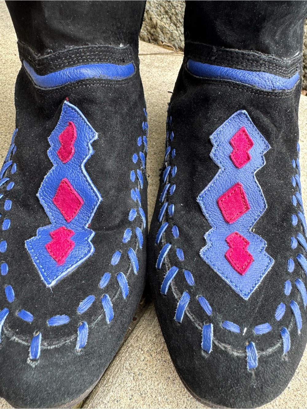Black Suede Knee Boots w Blue Pink leather Embroidery boho cowgirl western 7.5 - Picture 5 of 10